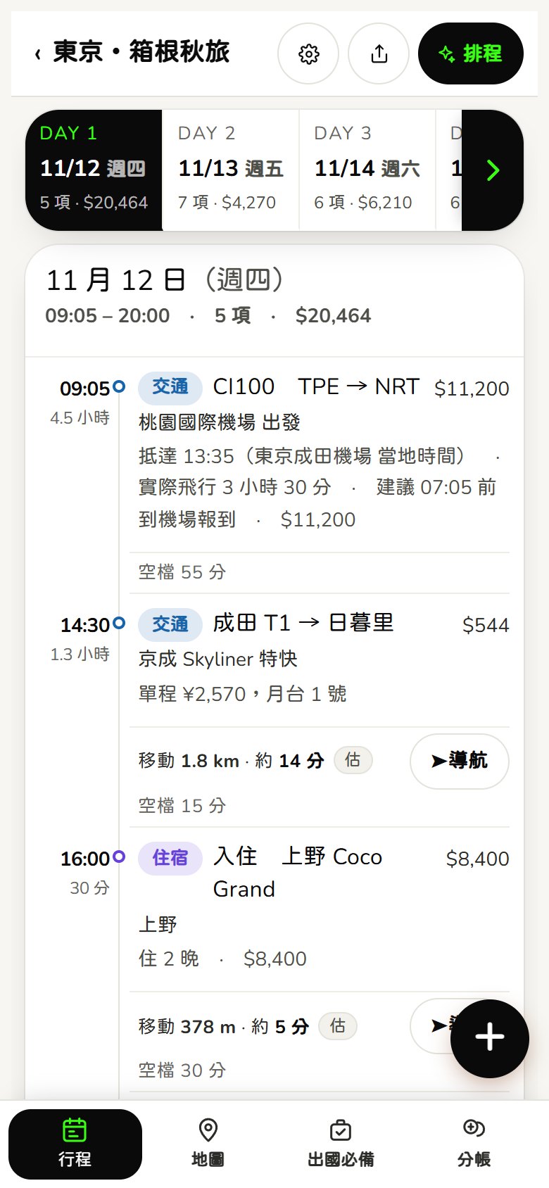 一天的時刻表：每一站的時間、停留多久、到下一站要多久